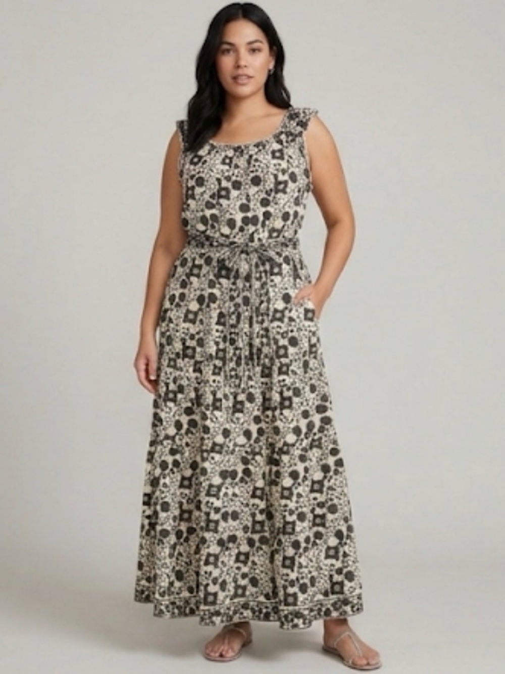 Max Studio Tiered Maxi Sundress Floral Print Sleeveless Size Large Boho Chic